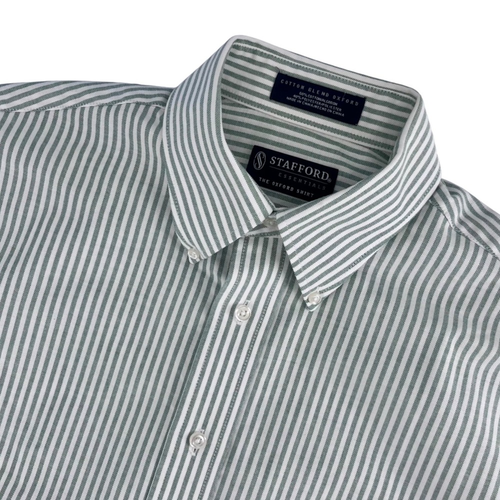 Stafford‎ Essentials Mens Button Down Shirt Green White Stripe Oxford Size